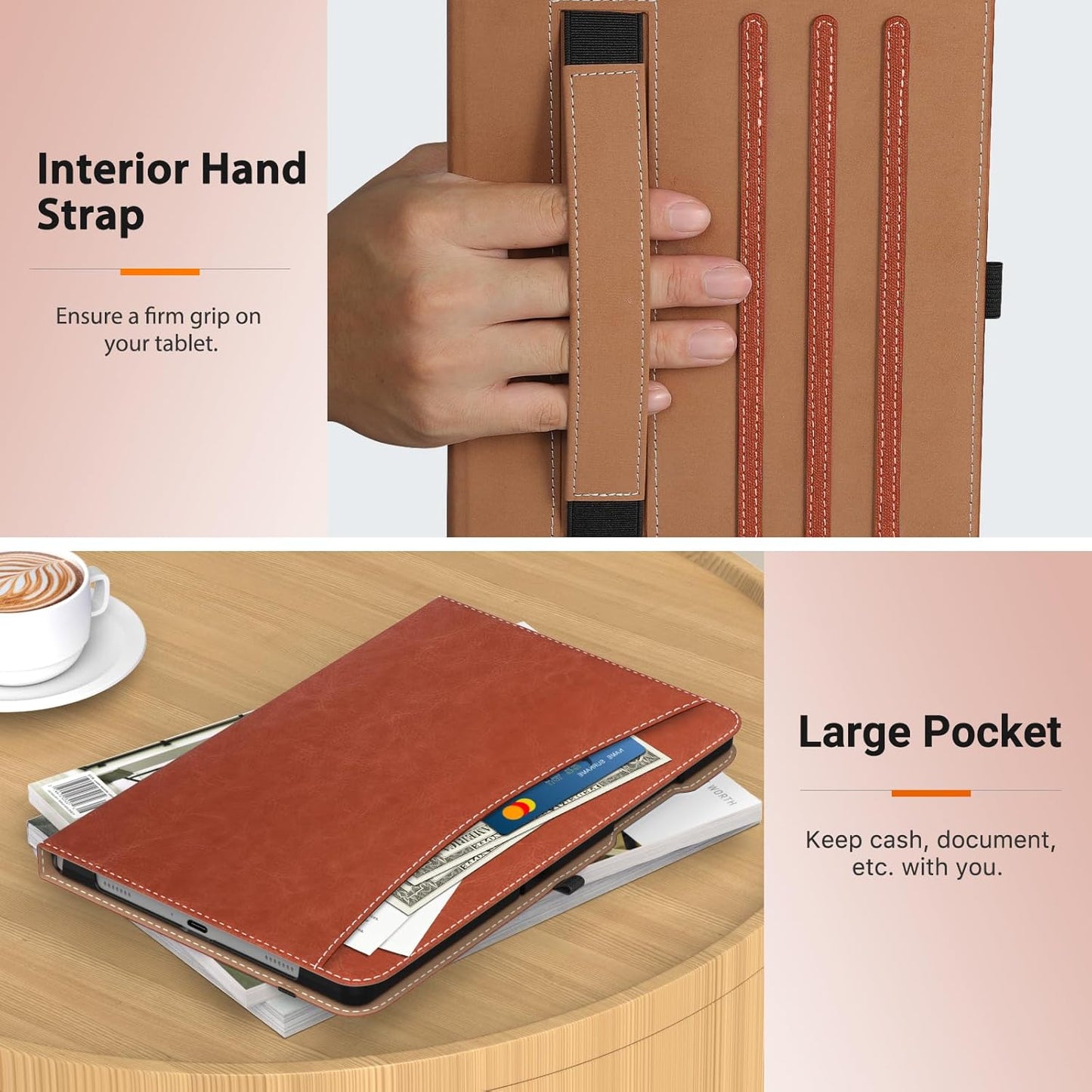 MoKo Case for Samsung Galaxy Tab A9 Plus 11" 2023 (SM-X210/SM-X216/SM-X218), PU Leather Multi-Angle Viewing Folding Stand Cover Case with Hand Strap, Front Pocket, Auto Wake/Sleep, Denim Blue & Brown