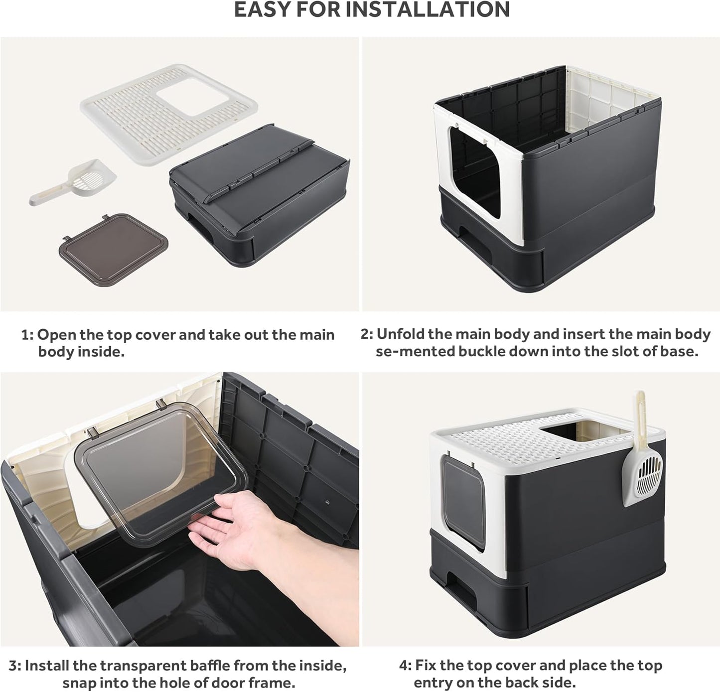 Foldable Cat Litter Box, Top Entry Kitty Litter Box with Lid & Scoop Extra Large Space Enclosure Toilet (Black) - LIVINGbasics