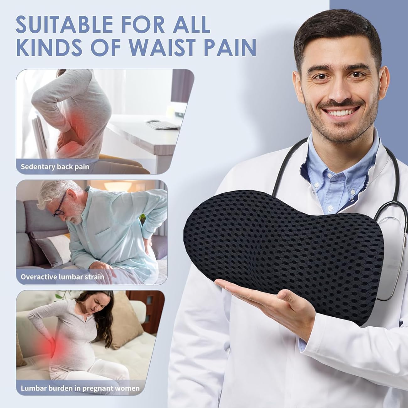 Lumbar Support Pillow for Lower Back Pain Relief – Ergonomic Streamline Memory Foam Cushion for Office Chair, Car Seat, Bed, and Sleeping – Ideal for Drivers and Office Workers (Black)