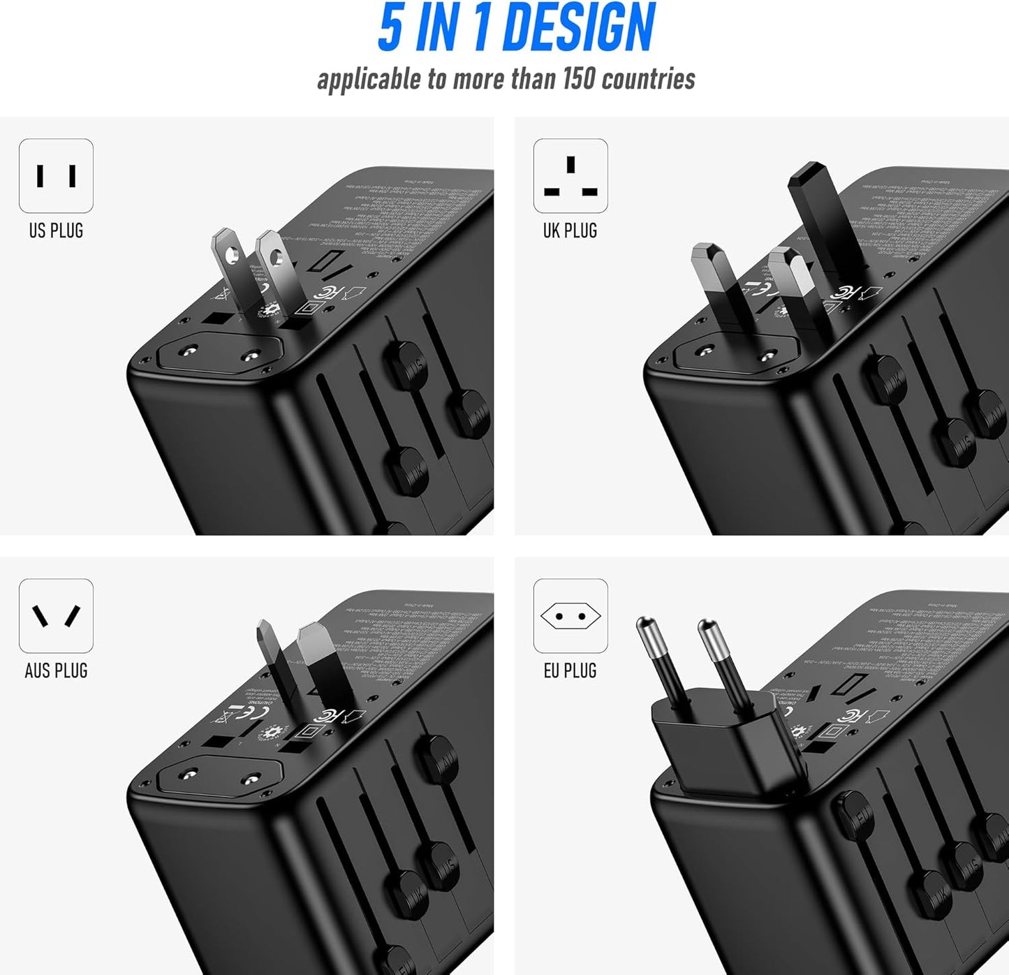 VYLEE Universal Travel Adapter, 65W Fast GaN International Power Adapter, 3PD USB-C+1QC USB-A European Travel Plug Adapter, US, UK, EU, AU Worldwide Travel Charger for Laptops, Tablets, Phones