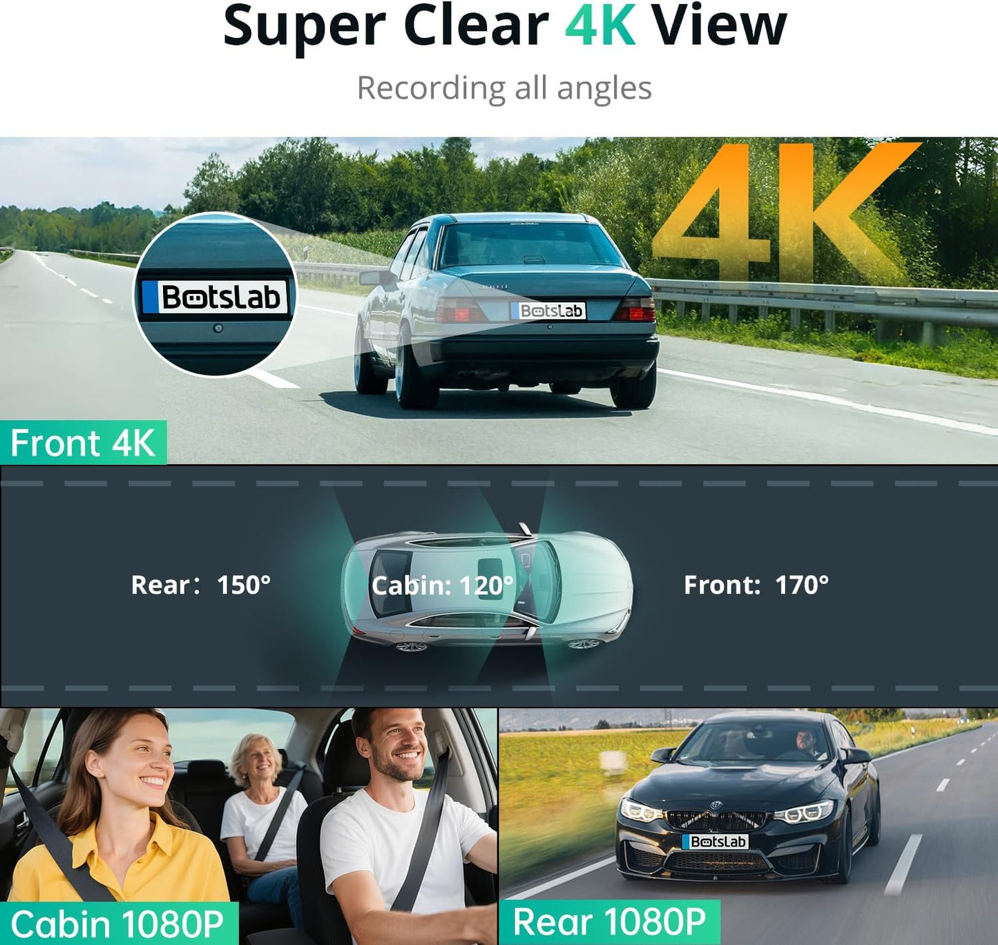 BOTSLAB 3 Channel 4K Dashcam with 128GB Card, Voice Control, 3.18" Touch Screen, 4K Front and 1080P Rear Inside Loop Recording, Triple Car Camera with IR Night Vision, WDR, Parking Mode