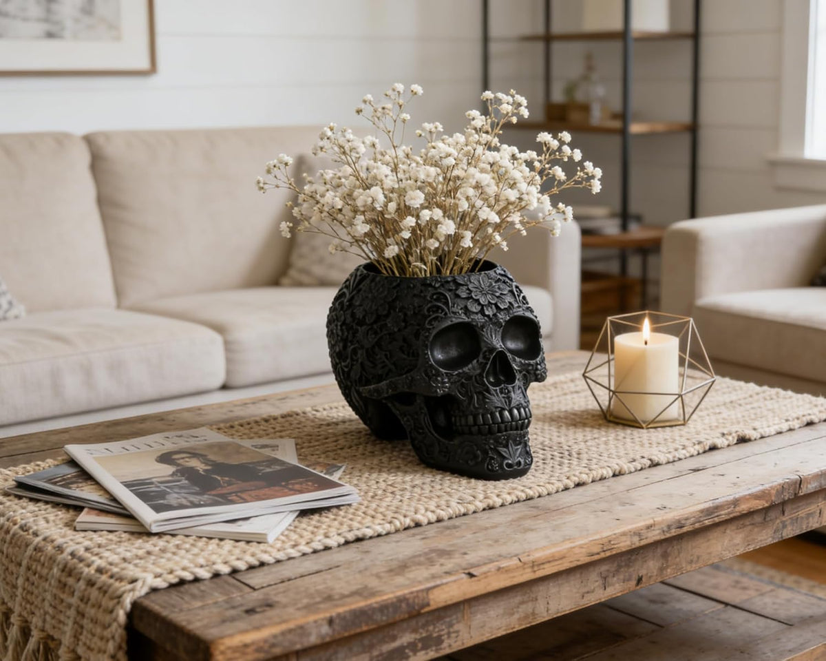 Black Skull Organizer | Makeup Brush Holder | Candy Bowl | Pen Holder | Gothic Skull Décor - PuriLite