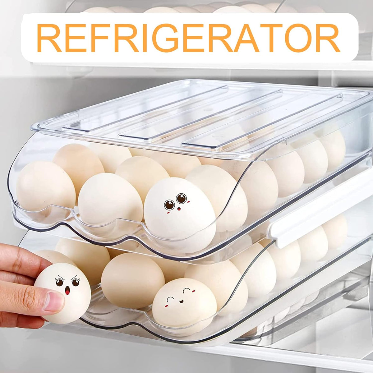 Auto Rolling Egg Storage for Fridge | Stackable Egg Organizer | Refrigerator Egg Holder with Lid | Kitchen Fridge Storage Box | Space Saving Egg Container - PuriLite