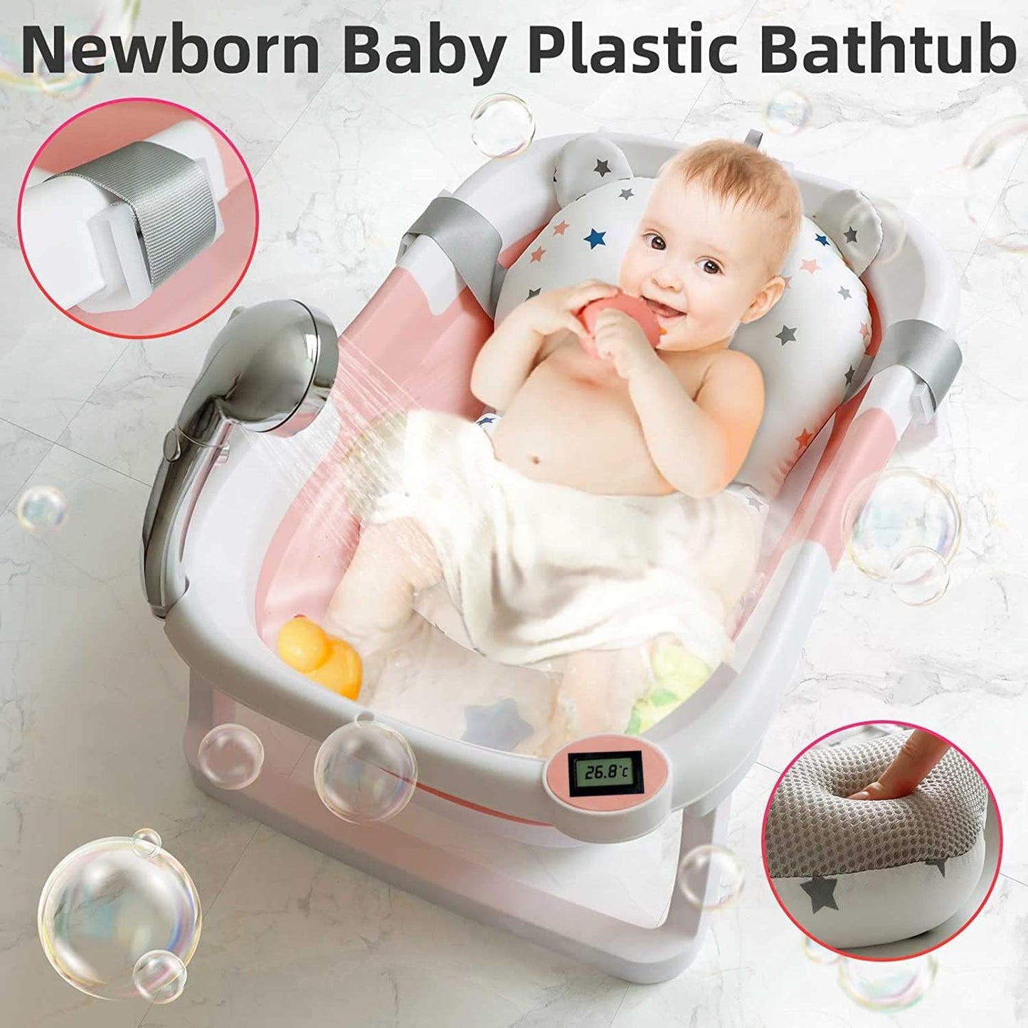 Befol Collapsible Baby Bathtub for Infants to Toddler, Portable Travel Bathtub Multifunctional Bathtub with Drain Hole, Baby Folding Bathtub for Newborn 0-36 Month (Blue+Floating Baby Bath Cushion Pink