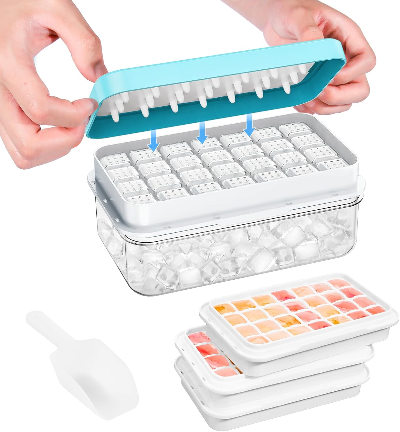 PHINOX Ice Cube Tray with Lid and Bin, Easy Release 56 Cubes for Freezer | Food-grade BPA-free PP and ABS.0.8" mini cubes for fruit, cocktails, coffee. Airtight, odor-free, stackable with scoop