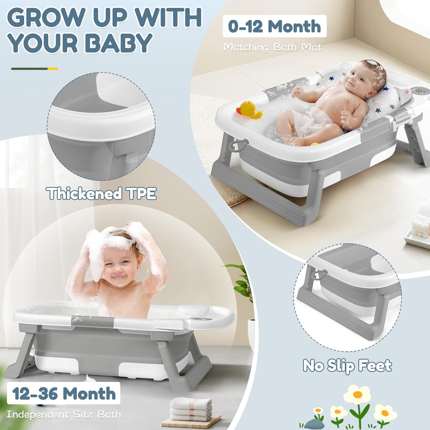 Collapsible Baby Bathtub,Baby Bath Tub with Thermometer & Soft Cushion,Baby Bathtub for Newborn to Toddler 0-36 Months,Portable Travel Baby Tub with No-Slip Feet,Baby Shower Gifts,Pink