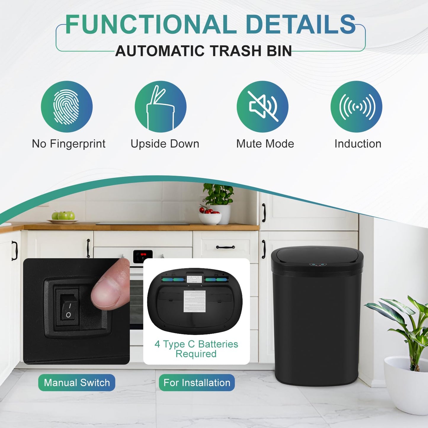 13 Gallon Sensor Garbage Can Stainless Steel Kitchen Garbage Can with Lid Antomatic Garbage can for Kitchen Office Bedroom Bathroom Living Room,Black