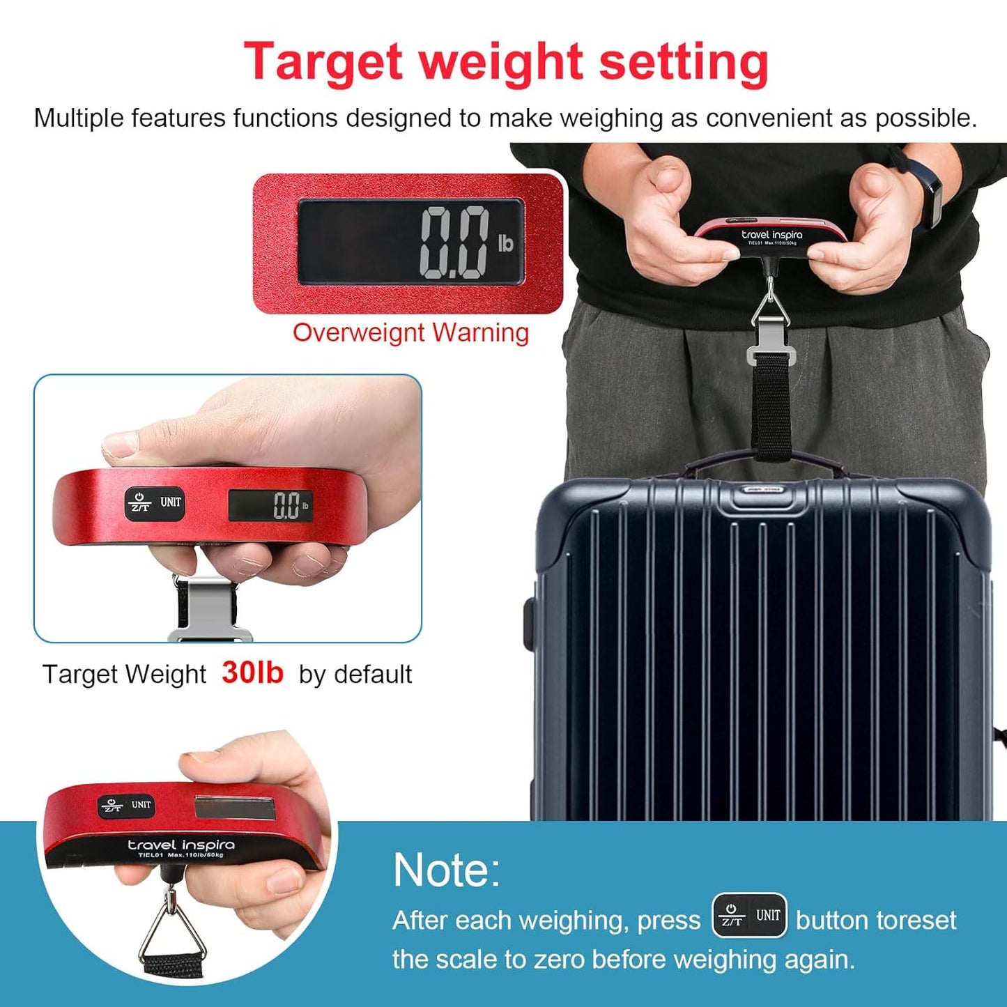 travel inspira Luggage Scale, Portable Digital Hanging Baggage Scale for Travel, Suitcase Weight Scale with Rubber Paint, 110 Pounds, Battery Included - Blue