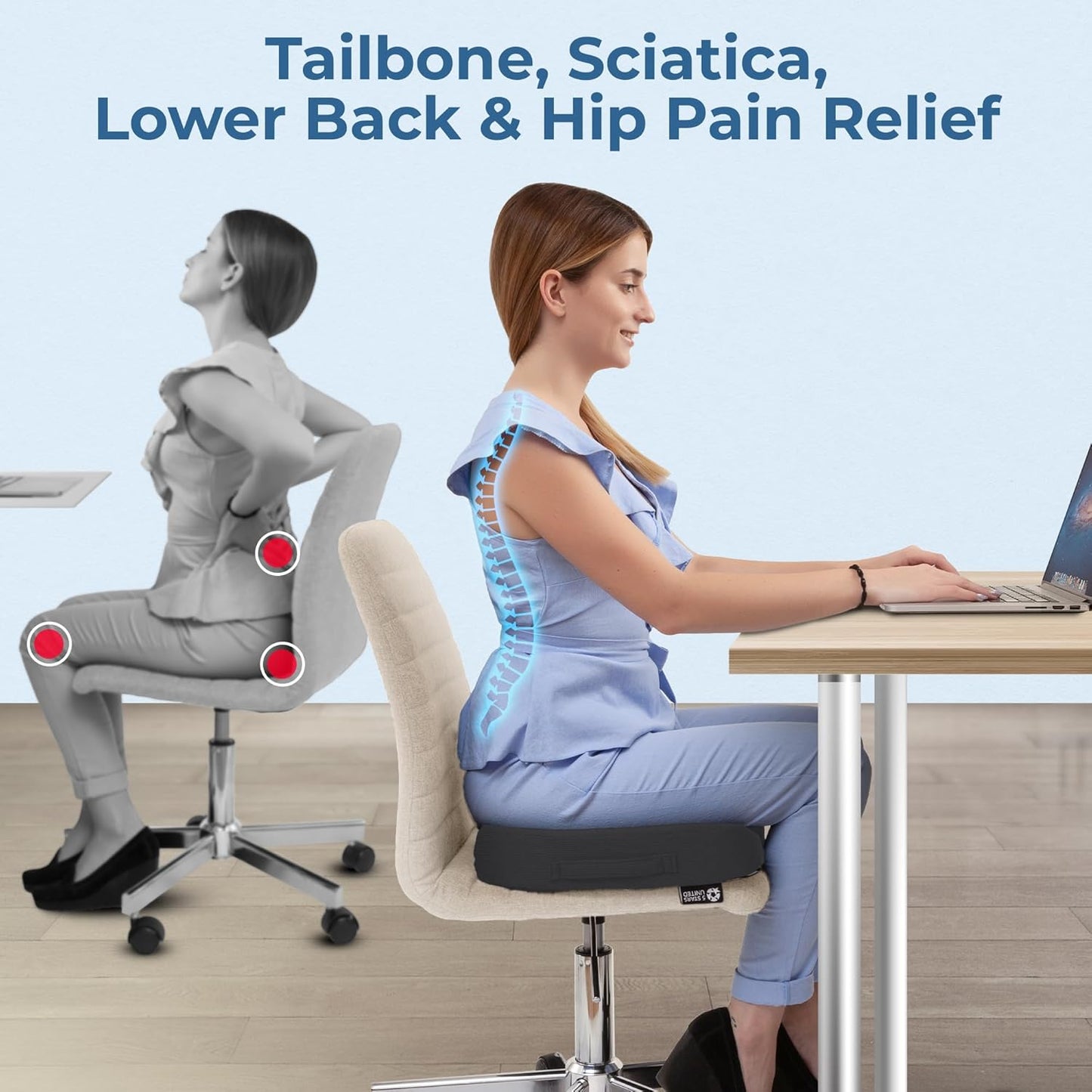 5 STARS UNITED Seat Cushion for Desk Chair - Tailbone, Coccyx Sciatica Pain Relief - Wheelchair Cushions, Black Mesh