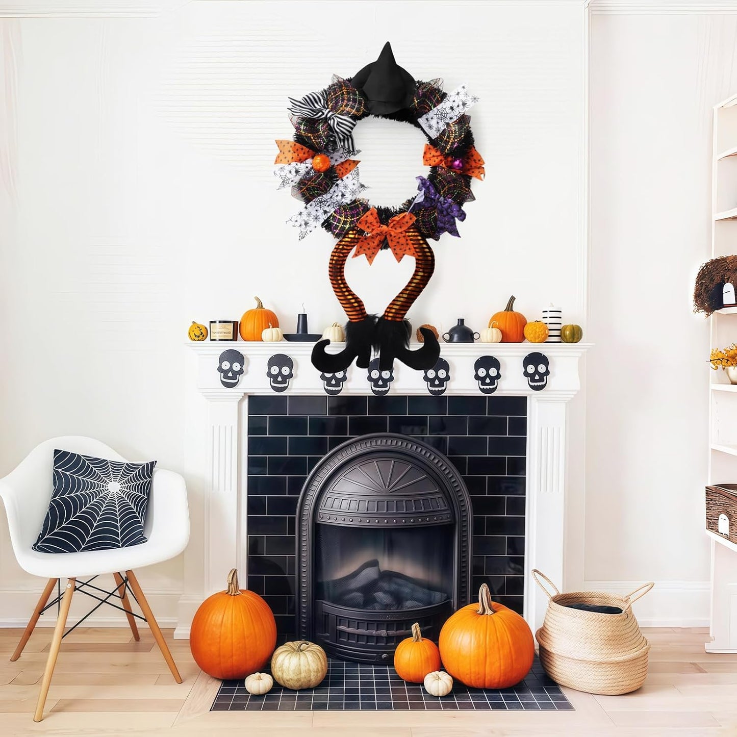 16 Inch Halloween Wreath with Witch Hat Legs for Front Door Halloween Door Sign Decoration