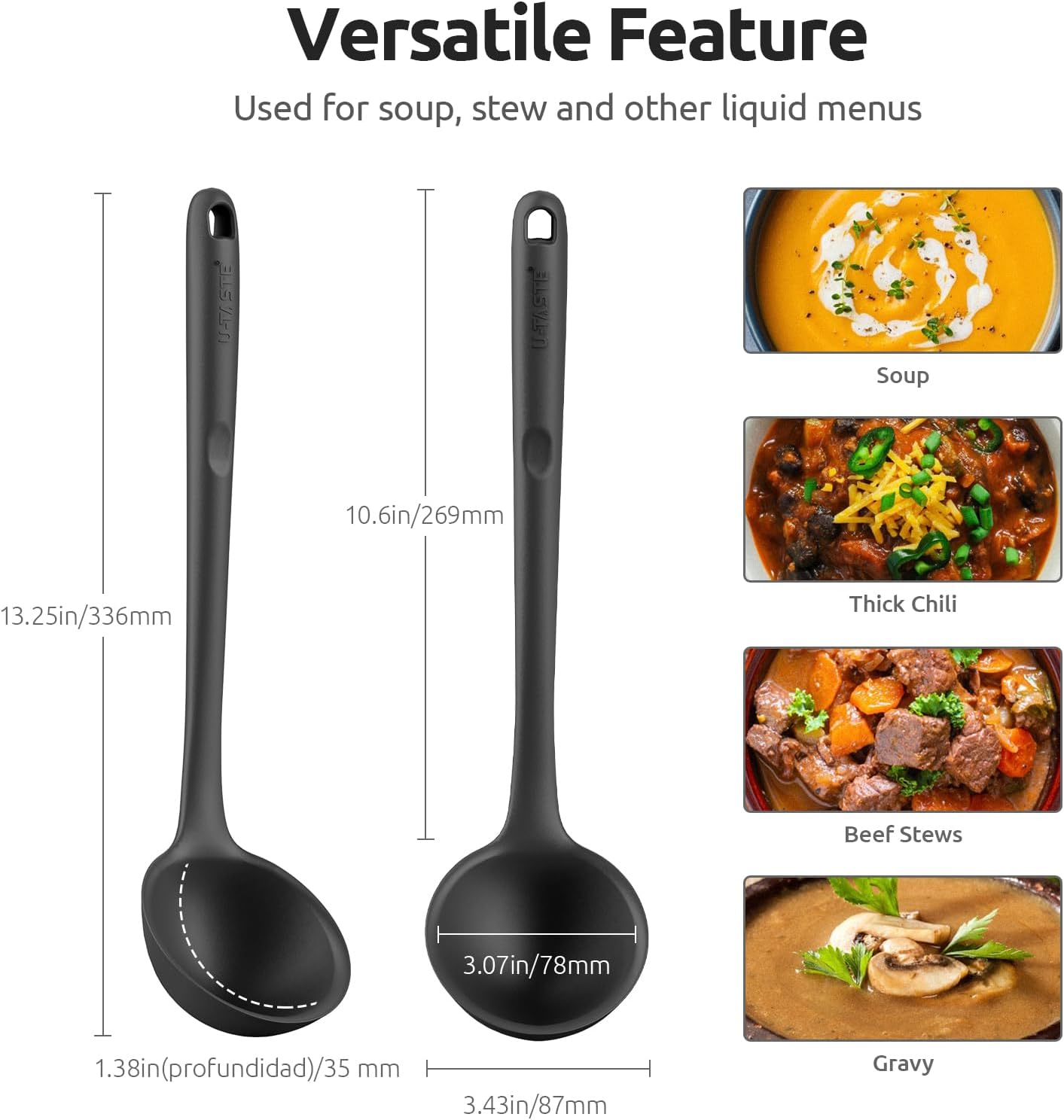 13 inch Silicone Soup Ladle: U-Taste 600ºF Heat Resistant 4 oz Large Non-Stick Seamless Rubber Kitchen Deep Serving Spoon with Non-Slip Solid Long Handle for Cooking Sauce/Stews/Gravies/Chili(Purple)