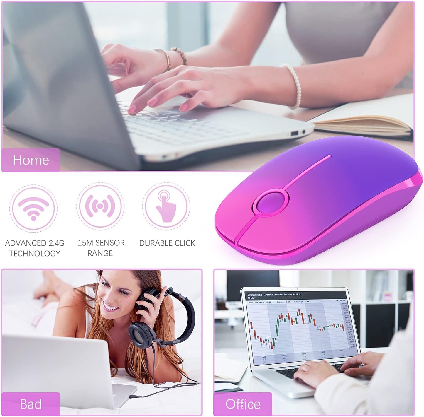 Wireless Mouse, Vssoplor 2.4G Slim Portable Computer Mice with Nano Receiver for Notebook, PC, Laptop, Computer (Black and Sapphire Blue)