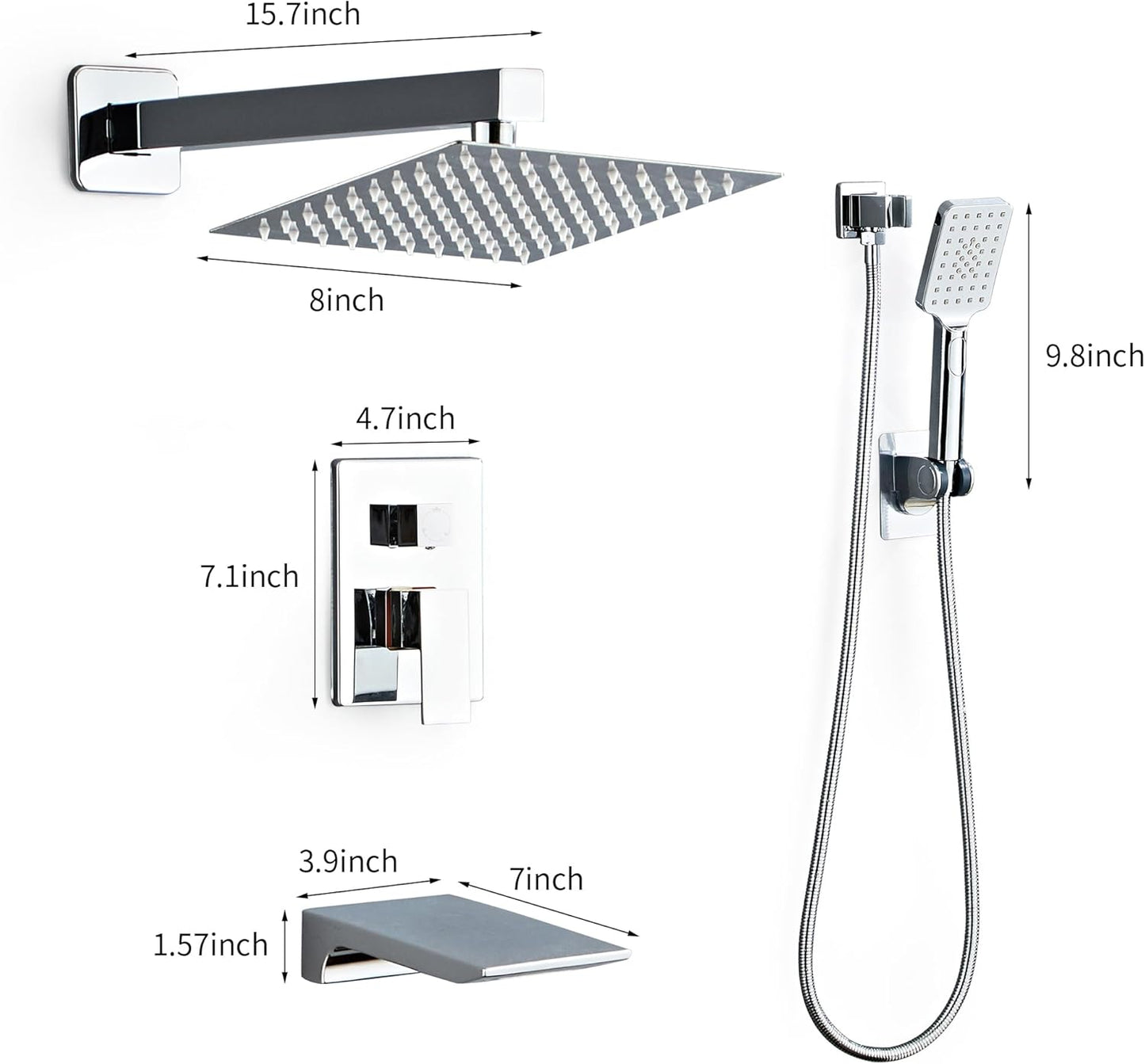 LCEVCGK Shower Faucet Set Complete Matte Black Shower System with 8 inch Square Rainfall Shower Head 3-Function Handheld Shower Waterfall Bathtub Spout Rain Shower Combo Set Bathroom Wall Mounted