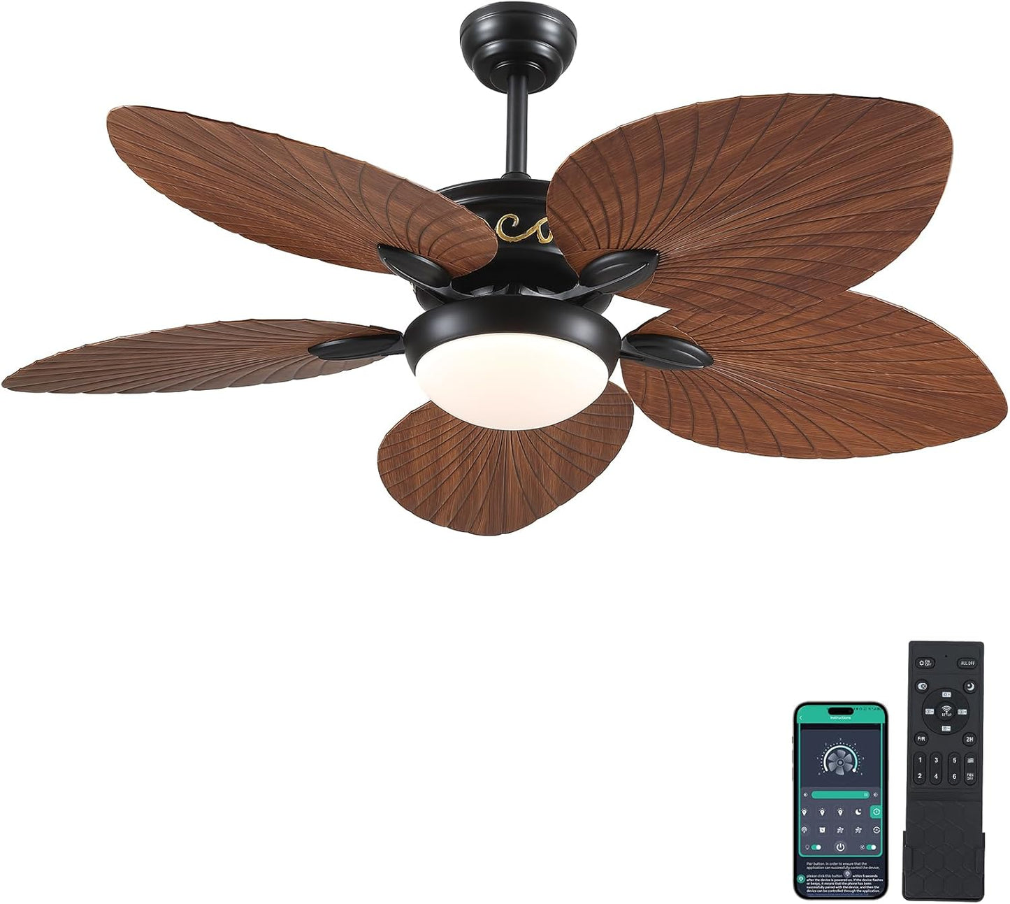Wiviniya Ceiling Fans with Lights and Remote/APP Control, 44 Inch Tropical Palm Leaf Ceiling Fan with LED Lights, Outdoor Ceiling Fans for Patios Porch, Reversible Quiet Motor, Dimmable, Light Brown