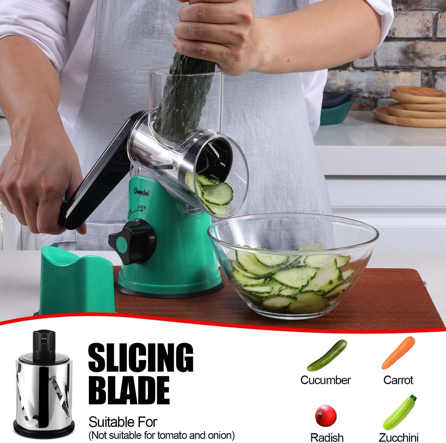 Geedel Kitchen Cheese Grater, Rotary Mandoline Vegetable Slicer with Interchangeable Blades, Easy to Use Rotary Grater Slicer for Fruit, Vegetables, Nuts