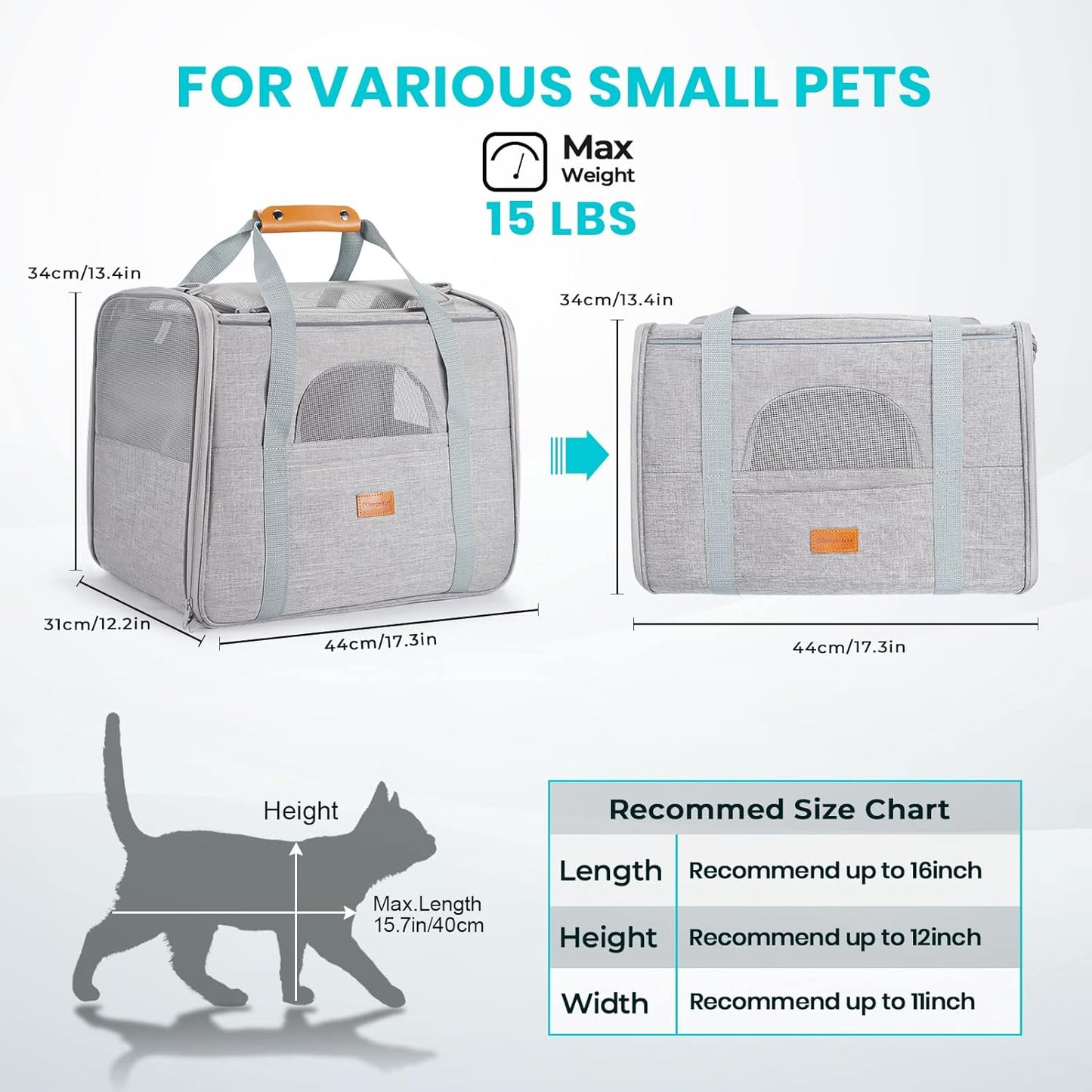 Morpilot Cat Carrier Soft - Portable Pet Carrier for Small or Medium Cats, Dogs and Puppy up to 14lbs, Airline Approved Dog Carrier with Safety Buckle - (Dark Gray)