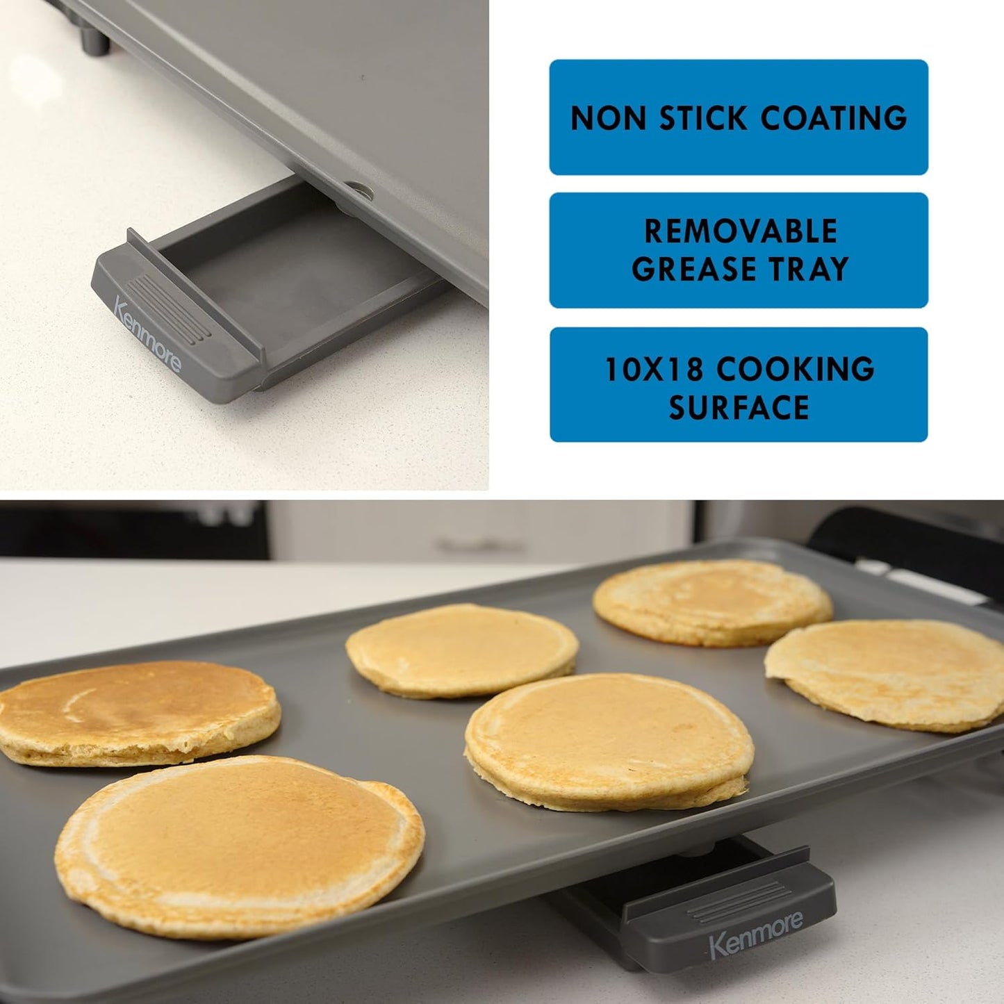 Kenmore Electric Griddle - External Temperature Control, Easy Clean Countertop Cooking Kitchen Appliance Removable Drip Tray, Grill Bacon, Eggs, Pancakes, Crepes, Tortillas, Nonstick 10x18" Pan