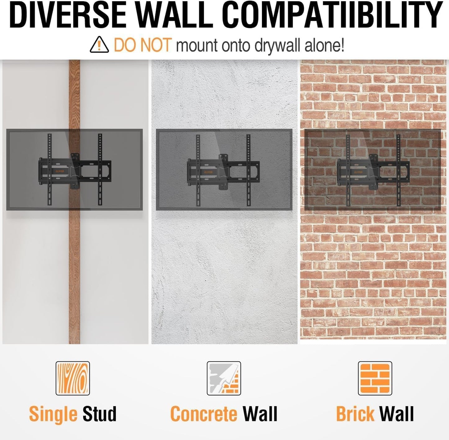 TV Wall Mount Swivel and Tilt for Most 26-55" Flat Curved TVs, Corner TV Mount Single Stud for Perfect Center, Max VESA 400x400mm, 77 lbs. Full Motion Wall Mount TV Bracket by ELIVED