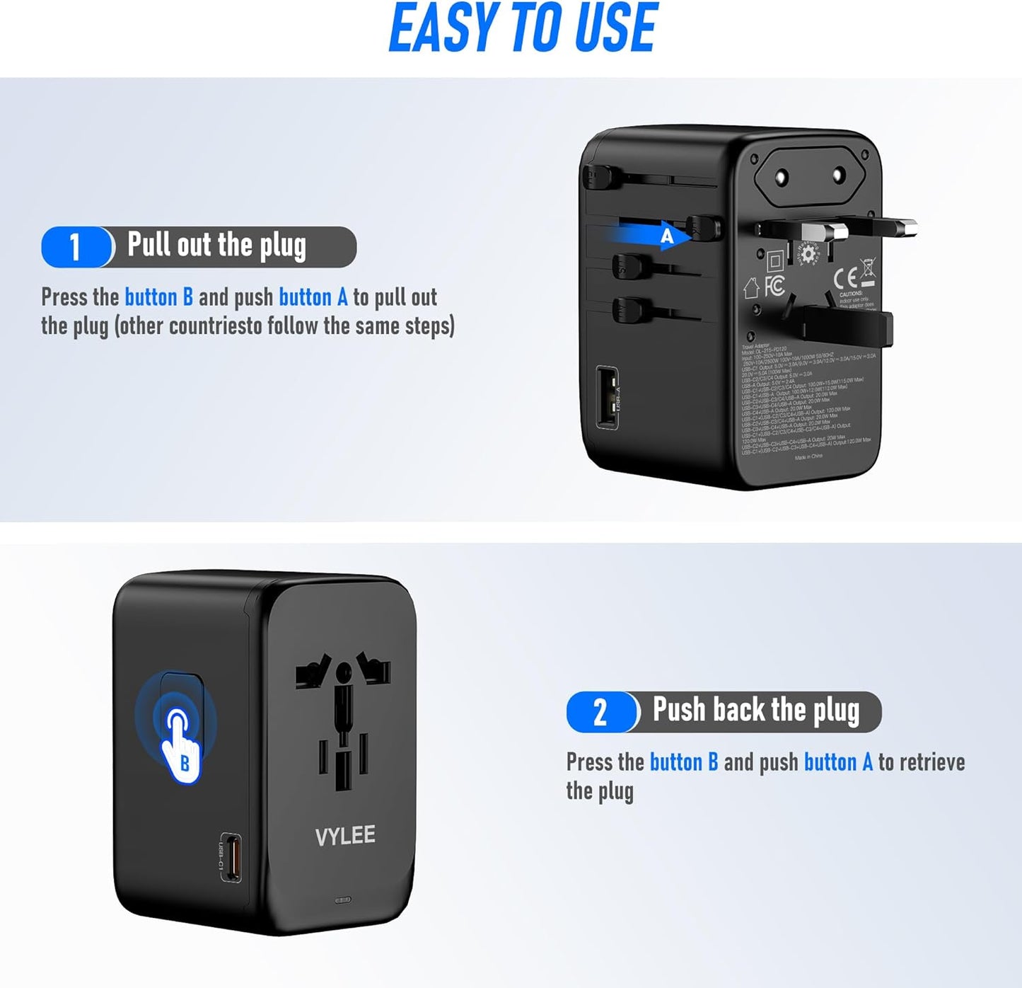 VYLEE Universal Travel Adapter, 65W Fast GaN International Power Adapter, 3PD USB-C+1QC USB-A European Travel Plug Adapter, US, UK, EU, AU Worldwide Travel Charger for Laptops, Tablets, Phones