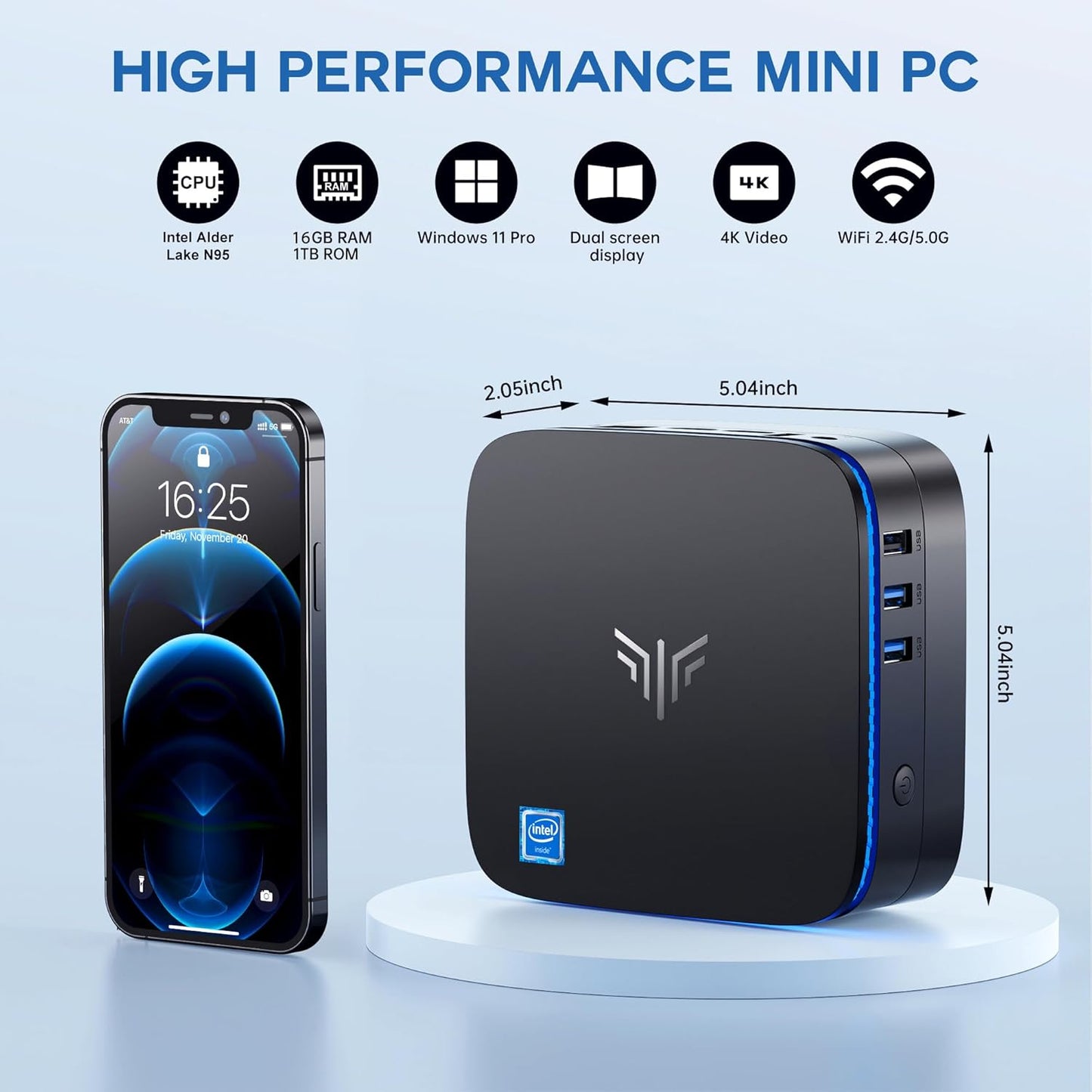 KAMRUI AK1PLUS Mini PC W-11 Pro, 12th Gen N95 Processor (up to 3.4GHz), Mini Desktop Computers with 16GB RAM 512GB M.2 2.5" SSD, Mini Computer Support Dual 4K UHD for Home Business Office