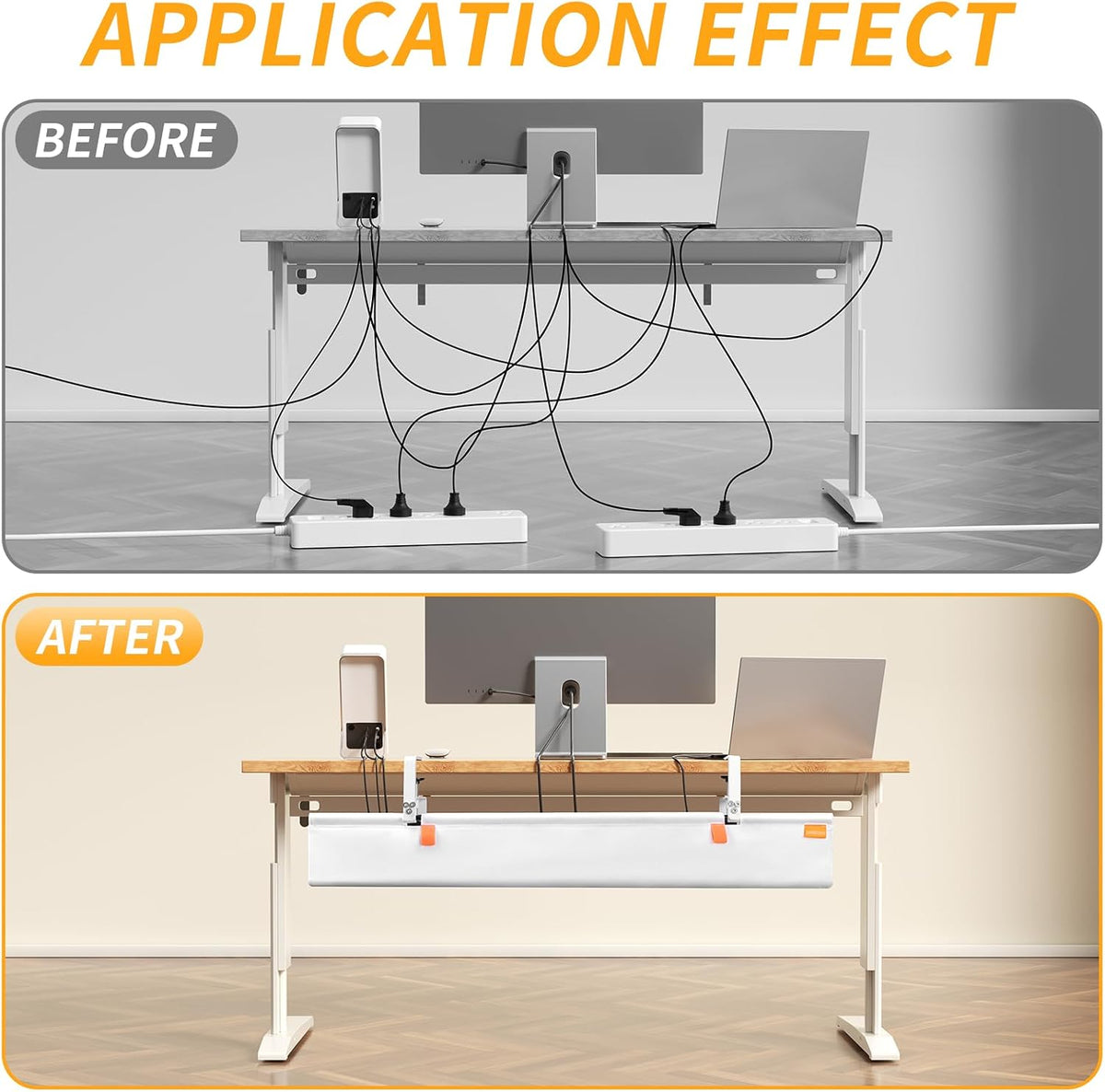 No Drill Under Desk Cable Management, 28" Under Desk Cable Management with Clamp/Screw, Table Under Desk Organizer, Large Cord Organizer Desk Tray for Standing Desks Home Office White