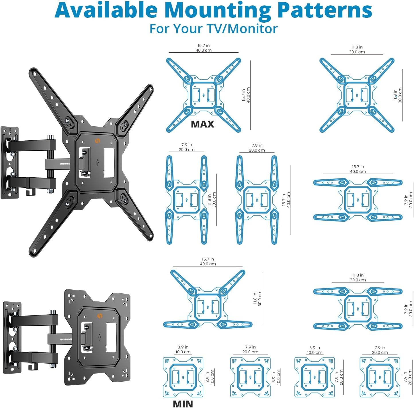 Full Motion Wall Mount Bracket & Arm for TVs/Monitors, Fits Most 32" to 55" Flat Screens, Swivels Right Left 180 Degrees, Adjustable Tilt, One Person Installation, Hardware Included by Husky Mounts
