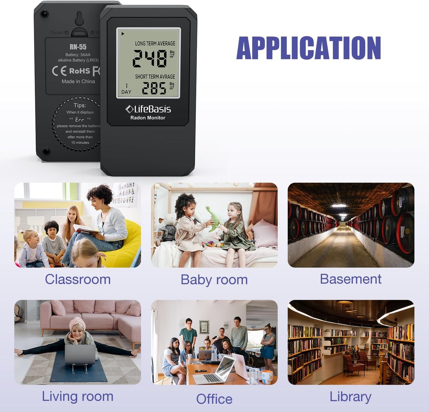 Life Basis Radon Detector for Home Radon Tester Portable with Large Screen Long and Short Term Radon Monitoring Battery Operated, Canadian Version in Bq/m - Dark Grey