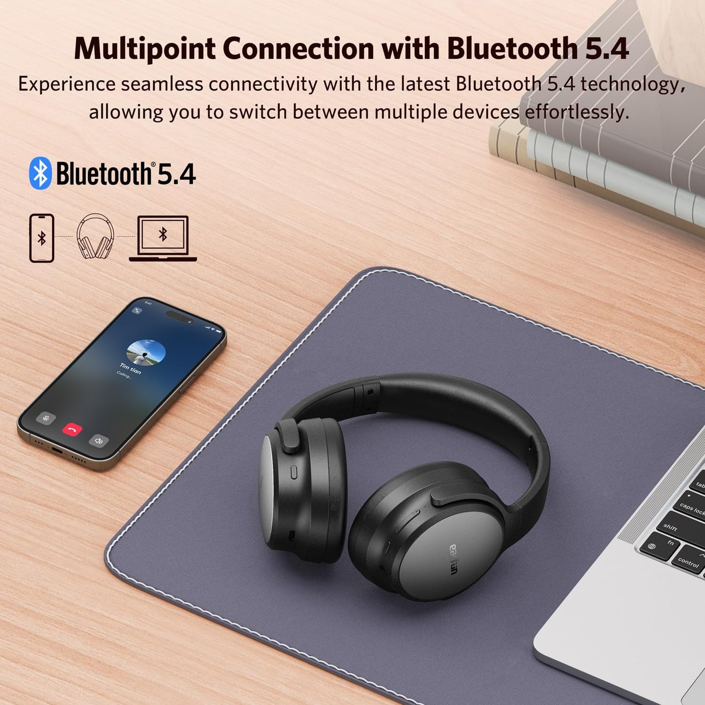 EarFun Tune Pro Active Noise Canceling Headphones, Wireless Bluetooth 5.4 Headphones with 5 Mics, 120H Playtime, Hi-Res Audio, Multipoint Connection, Custom EQ via App, Comfortable Fit