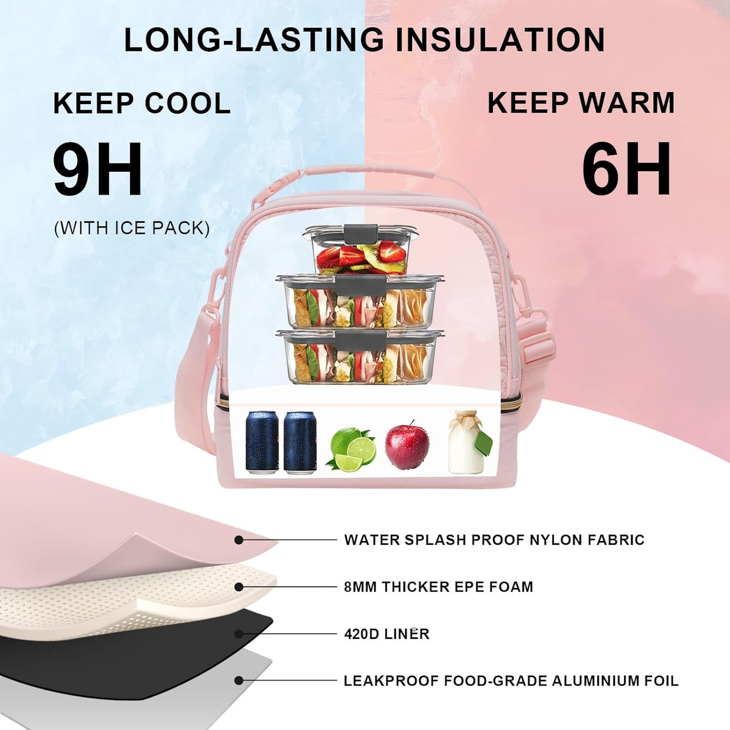 Everfun Womens Lunch Box Two Compartments Insulated Lunch Tote Bag Large Leakproof Soft Cooler for Work Picnic Travel, Black