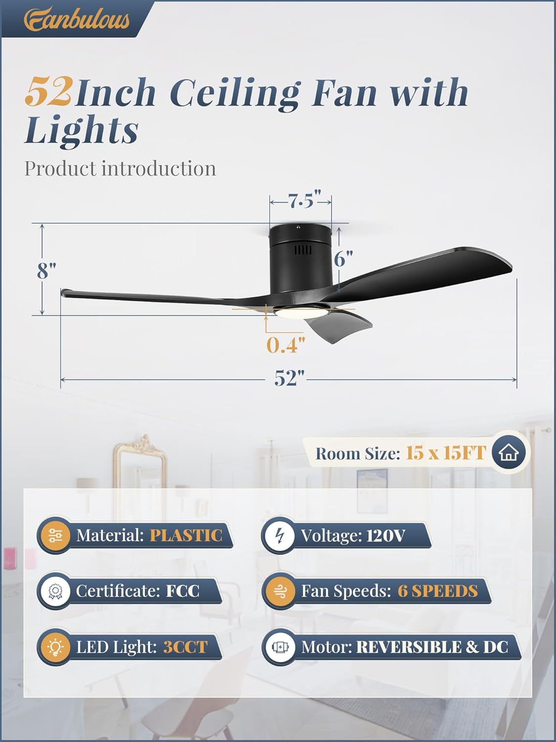 Fanbulous 52" Ceiling Fans with Lights and Remote Control,Modern Flush Mount Ceiling Fan with 3 LED Colors,Outdoor Low Profile Ceiling Fans with 6-Speeds Timer DC Motor for Bedroom Living Room Patio