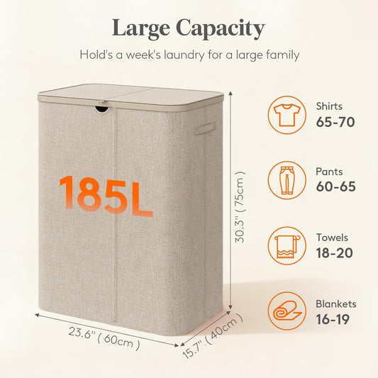 Lifewit 185L Large 3 Section Pop-Up Laundry Hamper with Lid, Beige