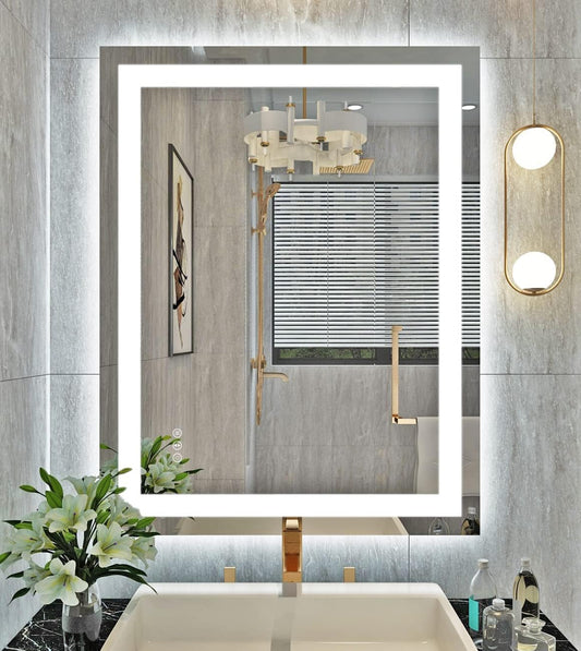 Klajowp LED Bathroom Mirror 28x36 Inch with Front and Backlit, Wall Mounted Vanity Mirror, Dimmable Wall Mirrors with Anti-Fog, Shatter-Proof, Memory Function,3 Colors(Horizontal/Vertical)