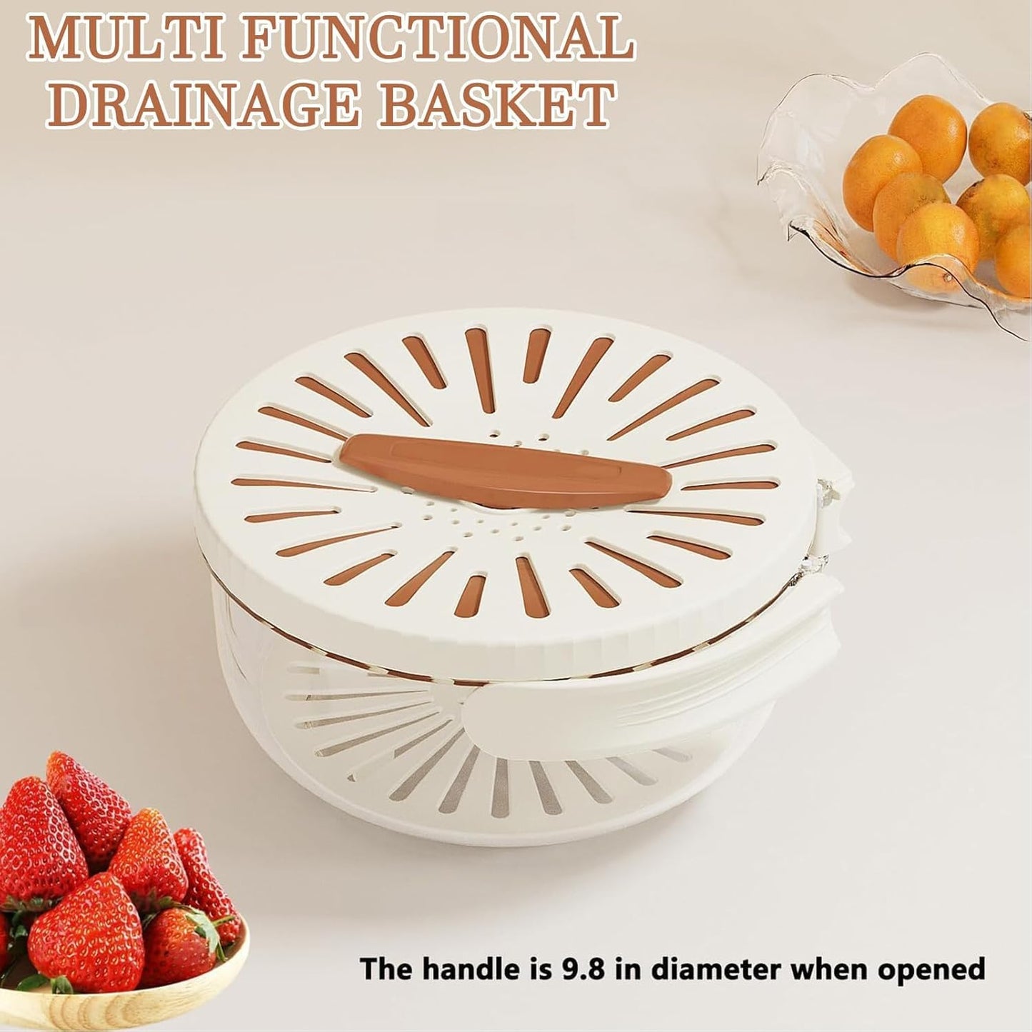 Fruit Vegetable Draining Bowl, Kitchen Strainer with Foldable Handle, Lid, Drain Tray, Rotating Fruit and Vegetable Washing Colander for Salad Mixing, Fruit Washing (White)