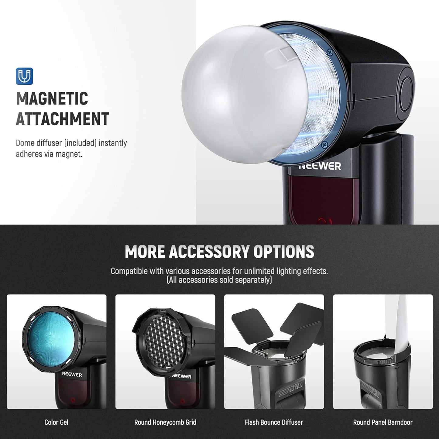 NEEWER Z1-N TTL Round Head Flash Speedlite for Nikon with Magnetic Dome Diffuser, 76Ws 2.4G 1/8000s HSS Speedlight, 10 Levels LED Modeling Lamp, 2600mAh Battery, 480 Full Power Shots, 1.5s Recycling