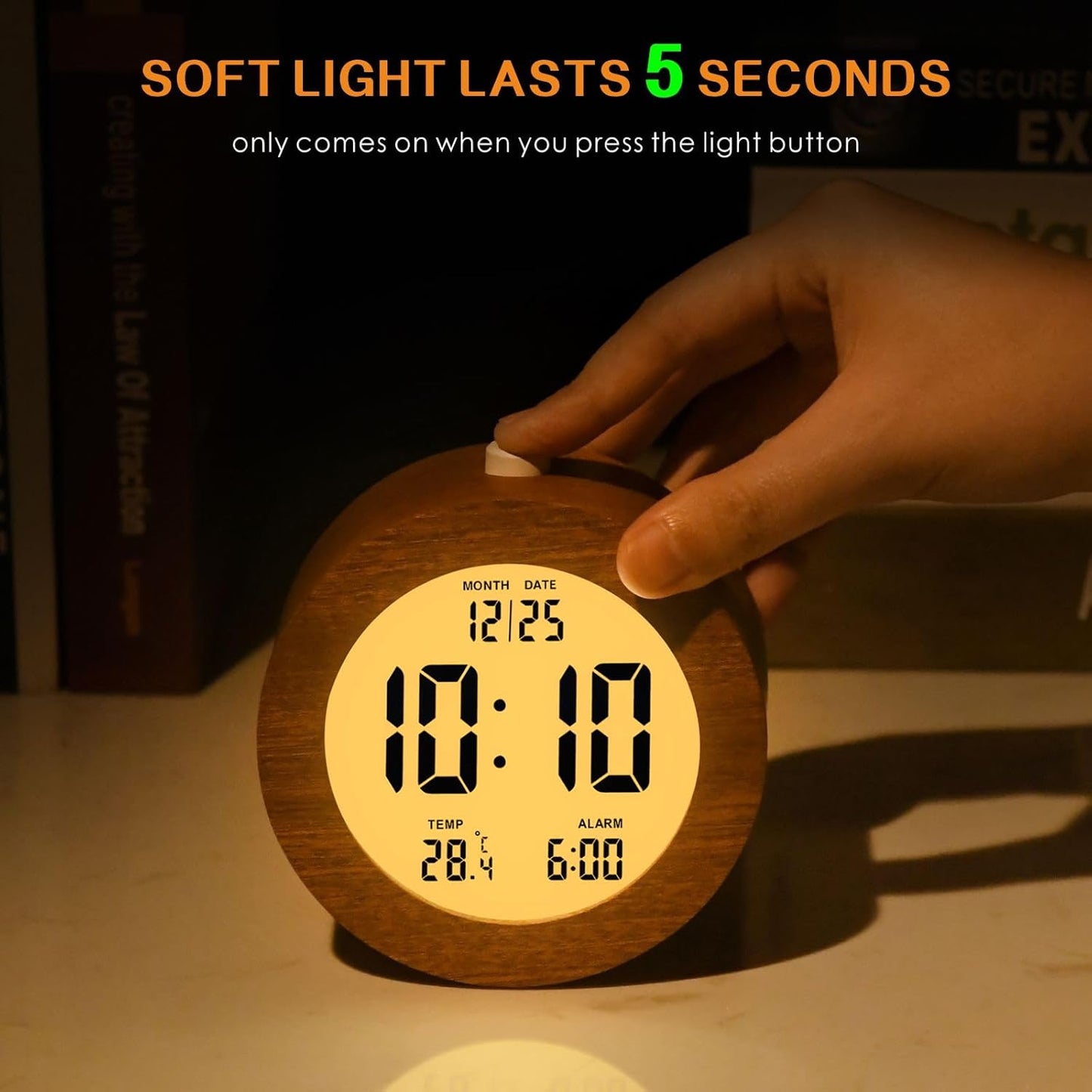 Plumeet Wooden Digital Alarm Clock for Bedrooms, Wood 4'' Battery Powered Alarm Clock with Snooze and Nightlight, Electronic LCD Desk Clock Display Time, Date, Temp, 12/24H, Wood Décor (Sapele, 3.2'')