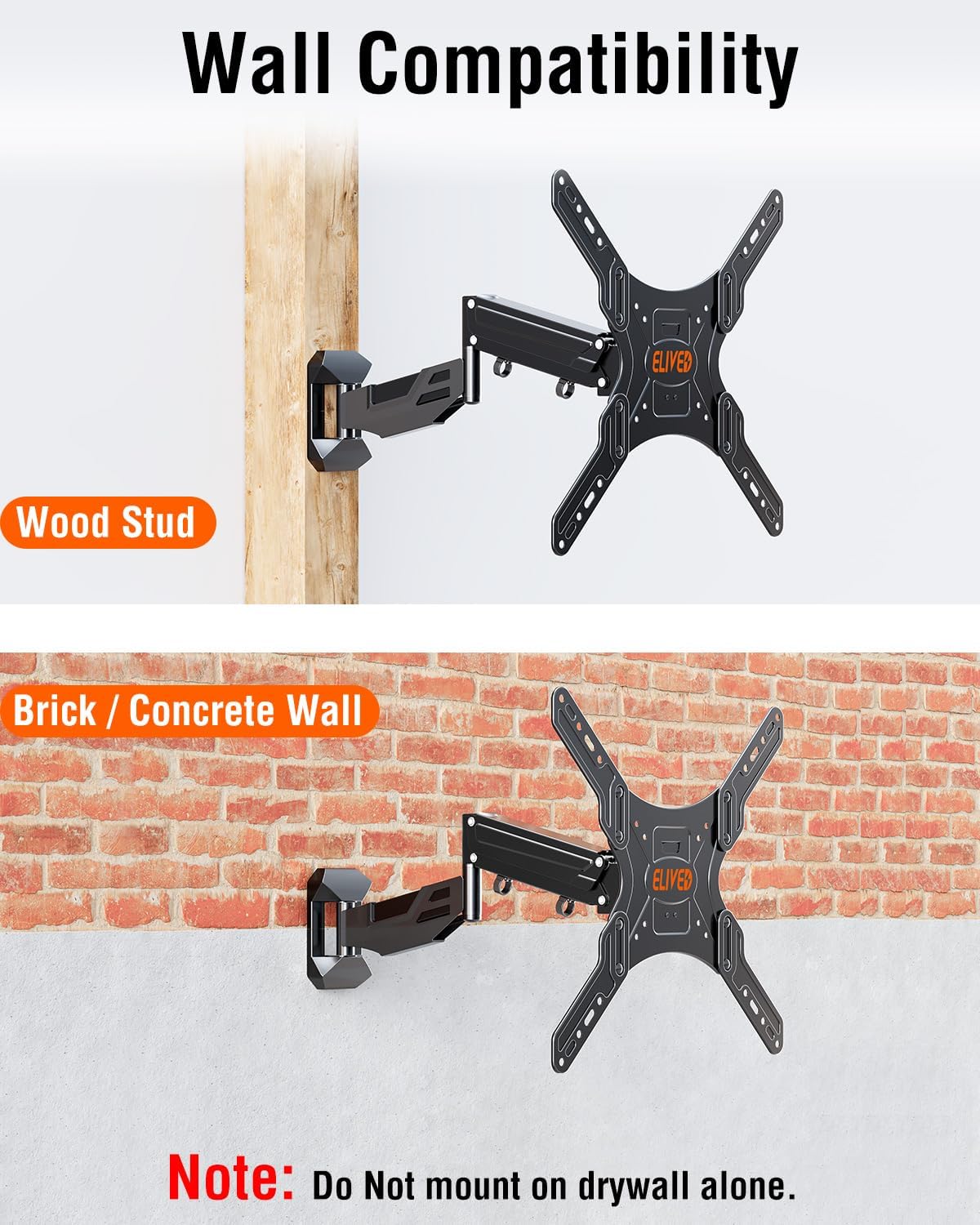 ELIVED Height Adjustable TV Wall Mount for Most 23-55 Inch tvs, Spring Arm Full Motion Swivel Tilt Articulating TV Mount Bracket, Max VESA 400x400mm, Support 11-66 lbs, YD1010