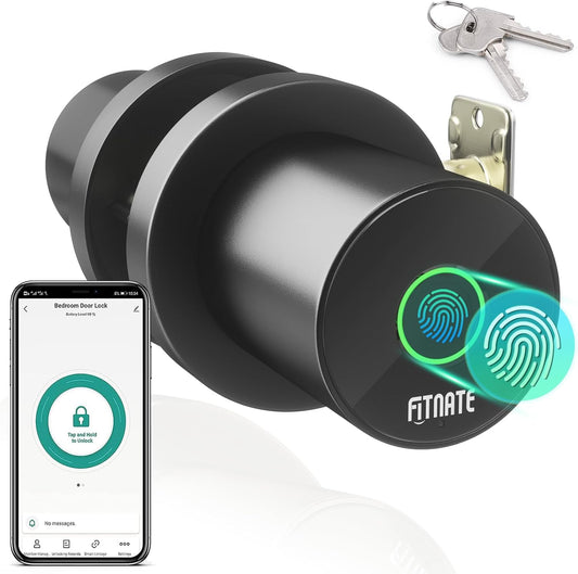FITNATE Fingerprint Door Knob, Smart Biometric Door Lock with App Control, Keyless Entry Door Knob with Bluetooth Digital Code, Touch to Open Knob for Bedroom,Home,Hotel,Office, Black - PuriLite