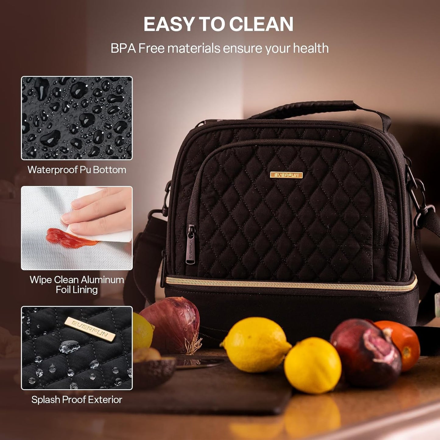 Everfun Womens Lunch Box Two Compartments Insulated Lunch Tote Bag Large Leakproof Soft Cooler for Work Picnic Travel, Black