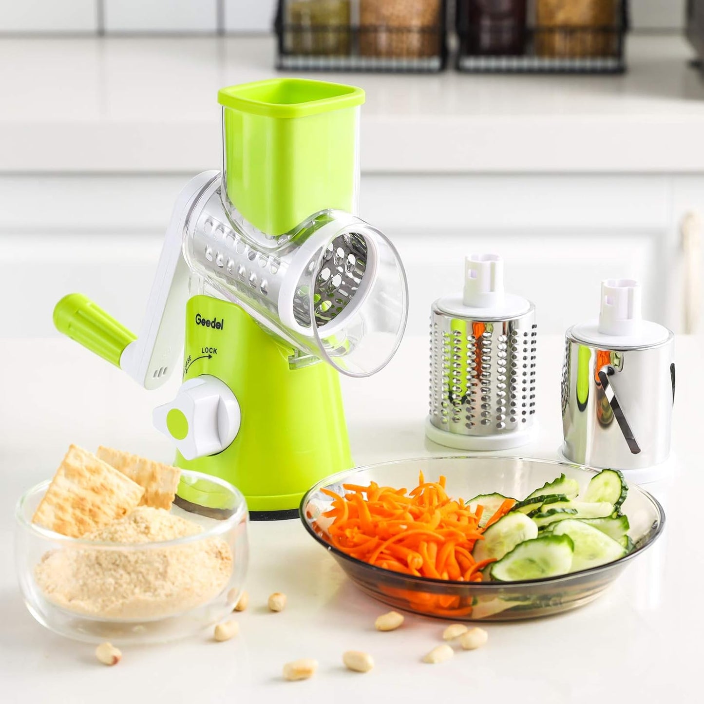 Geedel Kitchen Cheese Grater, Rotary Mandoline Vegetable Slicer with Interchangeable Blades, Easy to Use Rotary Grater Slicer for Fruit, Vegetables, Nuts