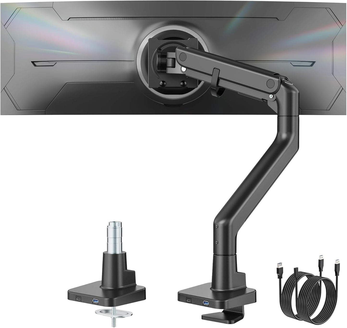 monTEK Heavy-Duty Monitor Arm for 17-57" Ultrawide Curved Screen, Supports up to 59.4 lbs, Adjustable Gas Spring Arm, 75/100 VESA Mount, Clamp & Grommet Desk Monitor Mount Single, Black