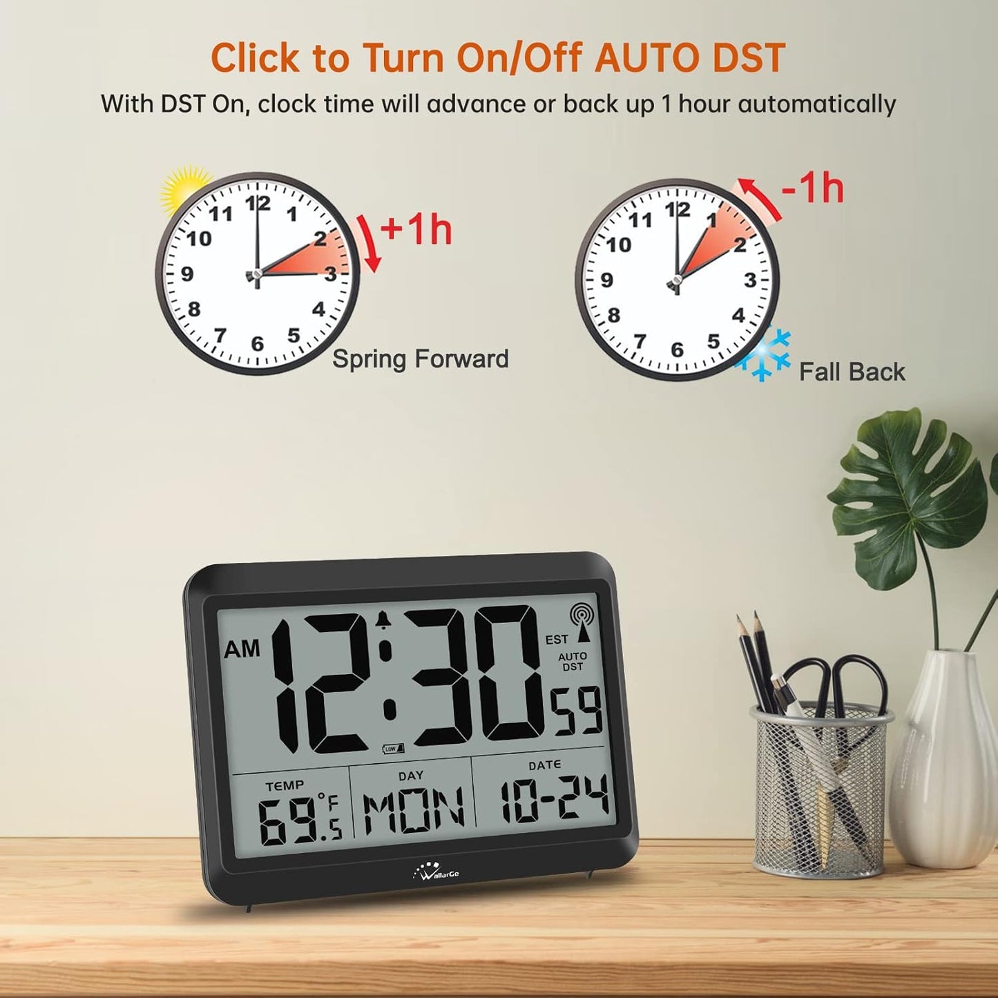 WallarGe Atomic Digital Wall Clock Battery Operated, Self-Setting, Large Display with Temperature, Date, Day of The Week, Silent Wall Mount Digital Clock, 4 Time Zones, DST