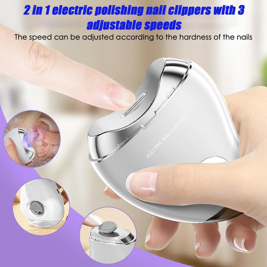 Electric Nail Clipper with 3 Speed Levels 2 in 1 Electric Polishing Automatic Nail Clippers Automatic Electric Nail Clipper with Polishing Toe Nail Clippers for Thick Nails for Seniors (White) - PuriLite