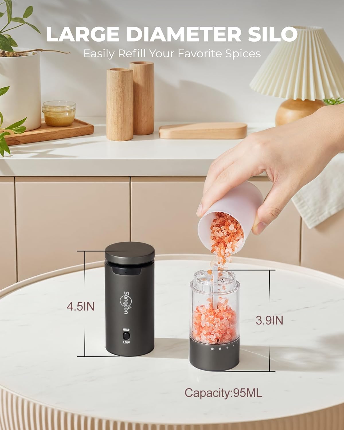 Sangcon 2-Speed Rechargeable Electric Salt and Pepper Grinder Set, 6 External Adjustable Coarseness Levels, Automatic Salt & Pepper Mill Shakers Set with Storage Base, One-Handed Operation, Silver
