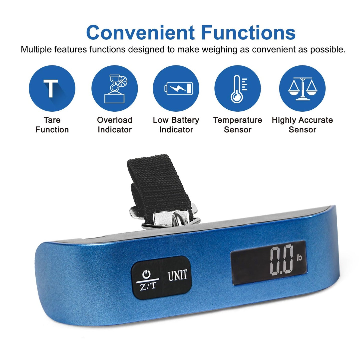 travel inspira Luggage Scale, Portable Digital Hanging Baggage Scale for Travel, Suitcase Weight Scale with Rubber Paint, 110 Pounds, Battery Included - Blue