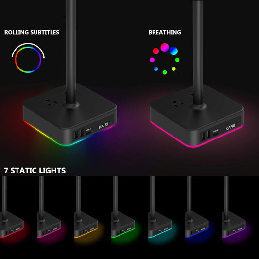 RGB Headphone Stand with USB Charging & Power Outlets | Gaming Headset Holder with Multi-Port Desk Charger