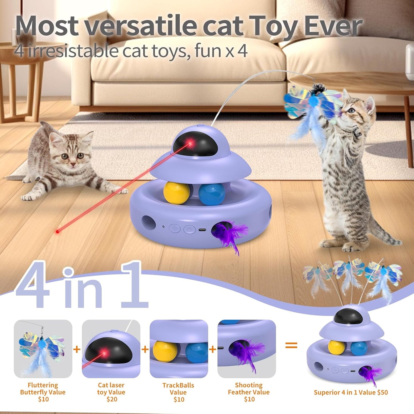 MOHAYA Interactive Cat Toys for Indoor Cats,4-in-1 Automatic Kitten Toy,Motion Activated Electronic Fluttering Butterfly,Track Balls, Moving Feather Toys for All Breeds,USB Rechargeable