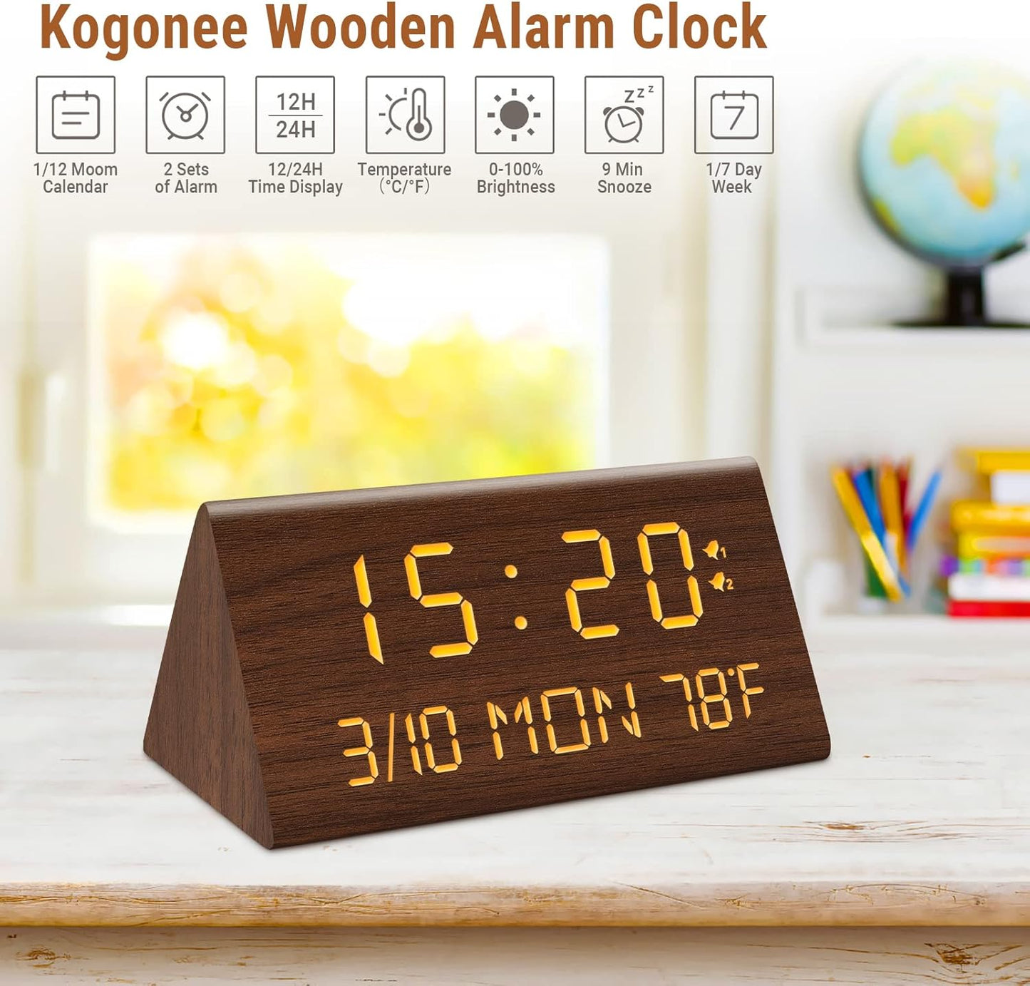 Kogonee Wooden Digital Alarm Clock, 0-100% Dimmer, 2 Alarm Settings, Weekday/Everyday Mode, 9 Mins Snooze, 12/24H, Temperature and Date Display for Office, Travel, Bedroom Alarm Clock (White)