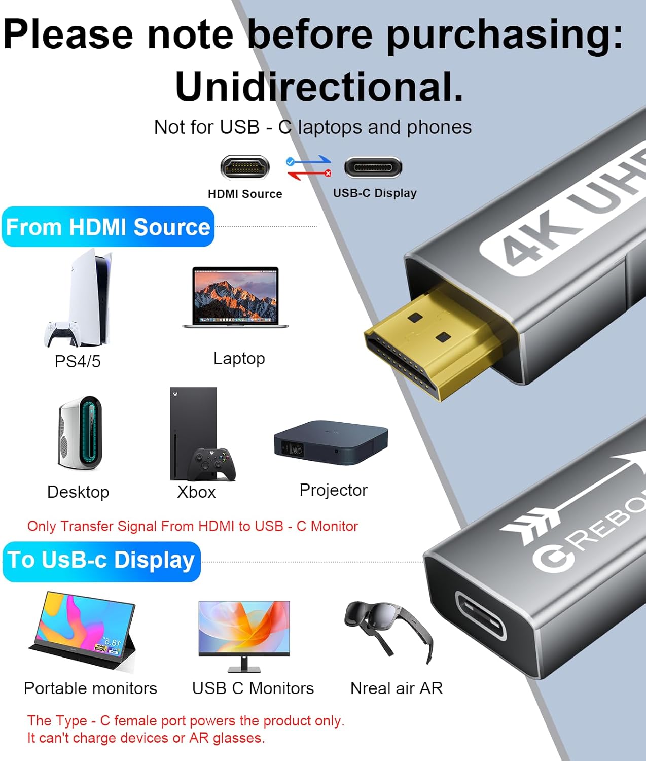 Reborn HDMI to USB C Adapter 4K 60Hz | Uni-Directional HDMI Source to USB-C Display Adapter for AR Glasses XREAL One、Air 2 Pro/VITURE Pro/RayNeo Air 2s/Rokid,PS5,Portable Monitors - 1 Pack