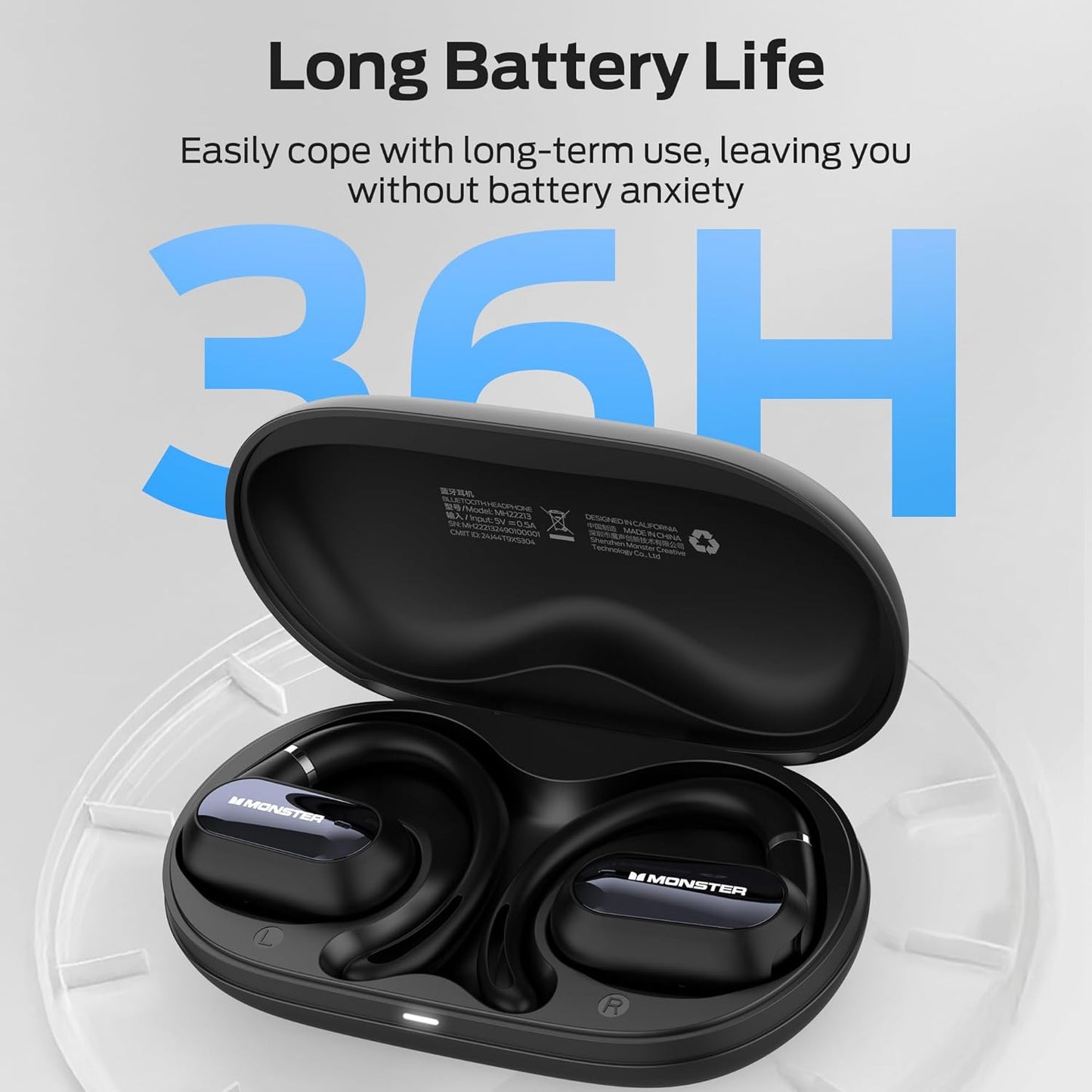 Monster Open Ear AC322, Bluetooth 5.4 Headset, 36H Battery Life, IPX5 Waterproof, Clear Communication, Ergonomic Design, Ear Angle Adjustable, Not Easy to Fall Off Wireless Bluetooth Headset.