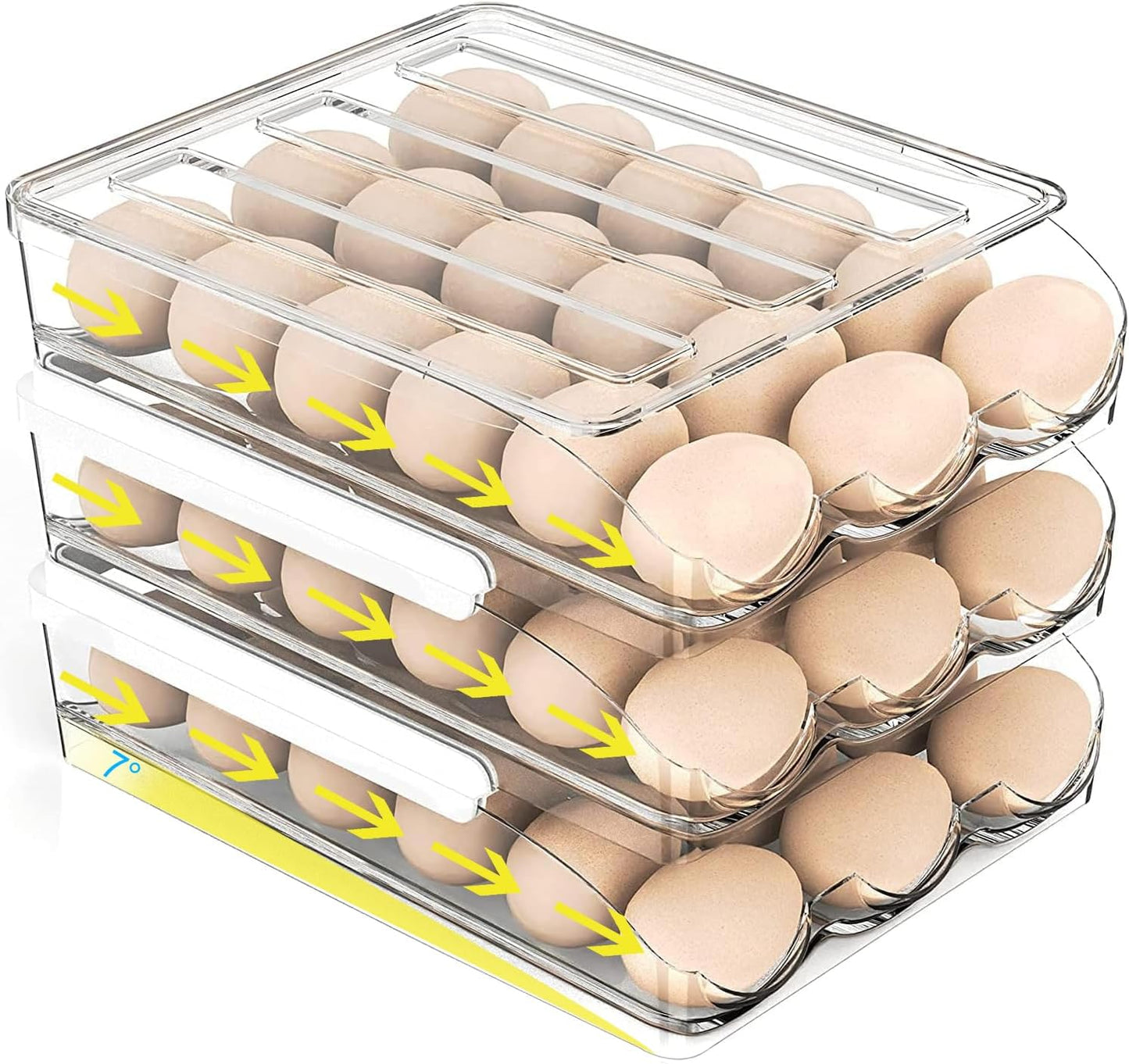 Auto Rolling Egg Storage for Fridge | Stackable Egg Organizer | Refrigerator Egg Holder with Lid | Kitchen Fridge Storage Box | Space Saving Egg Container